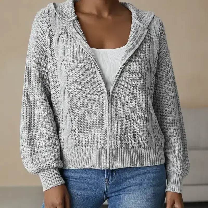 Women's Plain Drop Shoulder Zip Up Hooded Cardigan, Casual Long Sleeve Knitwear for Fall & Winter, Women's Clothing for Daily Wear