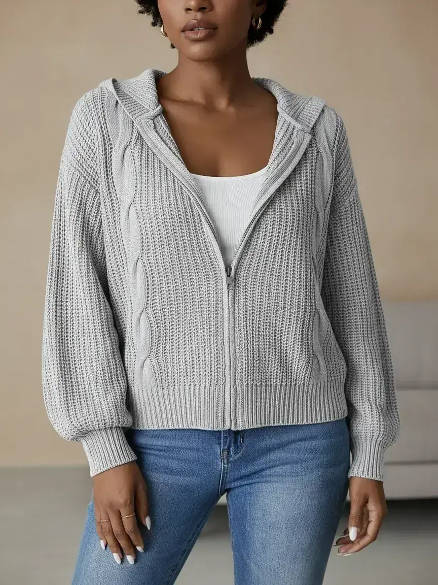 Women's Plain Drop Shoulder Zip Up Hooded Cardigan, Casual Long Sleeve Knitwear for Fall & Winter, Women's Clothing for Daily Wear