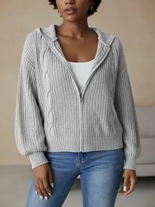 women's plain zip up hooded cardigan, casual long sleeve cable knitting outerwear, cardigan for women, clothes for women, trendy clothes, oversize