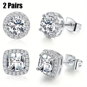 2 pairs Round SquareStud Earrings Set for Women Men