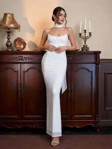 Strapless ruched mesh dress (with ribbon), suitable for parties, dinners, and dates; elegant fashion formalwear