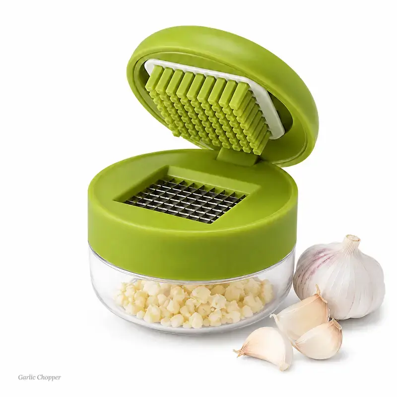 Sturdy Everyday Small Manual Garlic Chopper with Container, Stainless Steel Blade - Handheld Kitchen Utensil for Ginger, Onion, Herbs, Nuts (Mincer, Slicer, Dicer, Grinder)