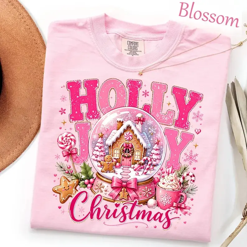 Comfort Colors Holly Jolly Christmas T-Shirt - Sweatshirt - Hoodie, Coquette Pink Christmas T-Shirt, Gingerbread Snow Globe Shirt, Holiday Xmas Gift, Xmas Festive