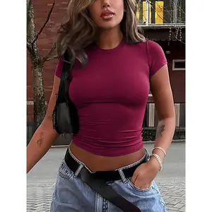 Women's Basic Crop Top, Plain Round Neck Short Sleeve Tshirt, Casual Sports & Outdoor Daily Summer Top