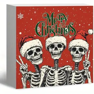 Gothic Christmas Decor, Funny Skeleton Santa Christmas Wooden Box Sign, FunnyChristmas Decorations, Santa Hat Wood Signs for Home Office Desk Shelf Table Decoration, 5x5 Inch (Red)