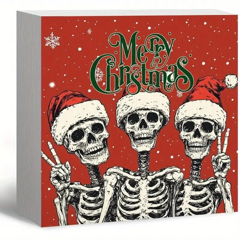 Gothic Christmas Decor, Funny Skeleton Santa Christmas Wooden Box Sign, FunnyChristmas Decorations, Santa Hat Wood Signs for Home Office Desk Shelf Table Decoration, 5x5 Inch (Red)