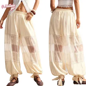 Women Ruffle Bloomer Pants Y2k Lace Patchwork Pettipants Bottoms BOHO Vacation Style