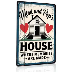 Mimi and Pop's House Where Memories Are Made 8x12 Inch Aluminum Metal Sign - Rustic Farmhouse Wall Decor for Grandparents' Home, Living Room, Porch, Family Room - Sentimental Gift Tin Sign