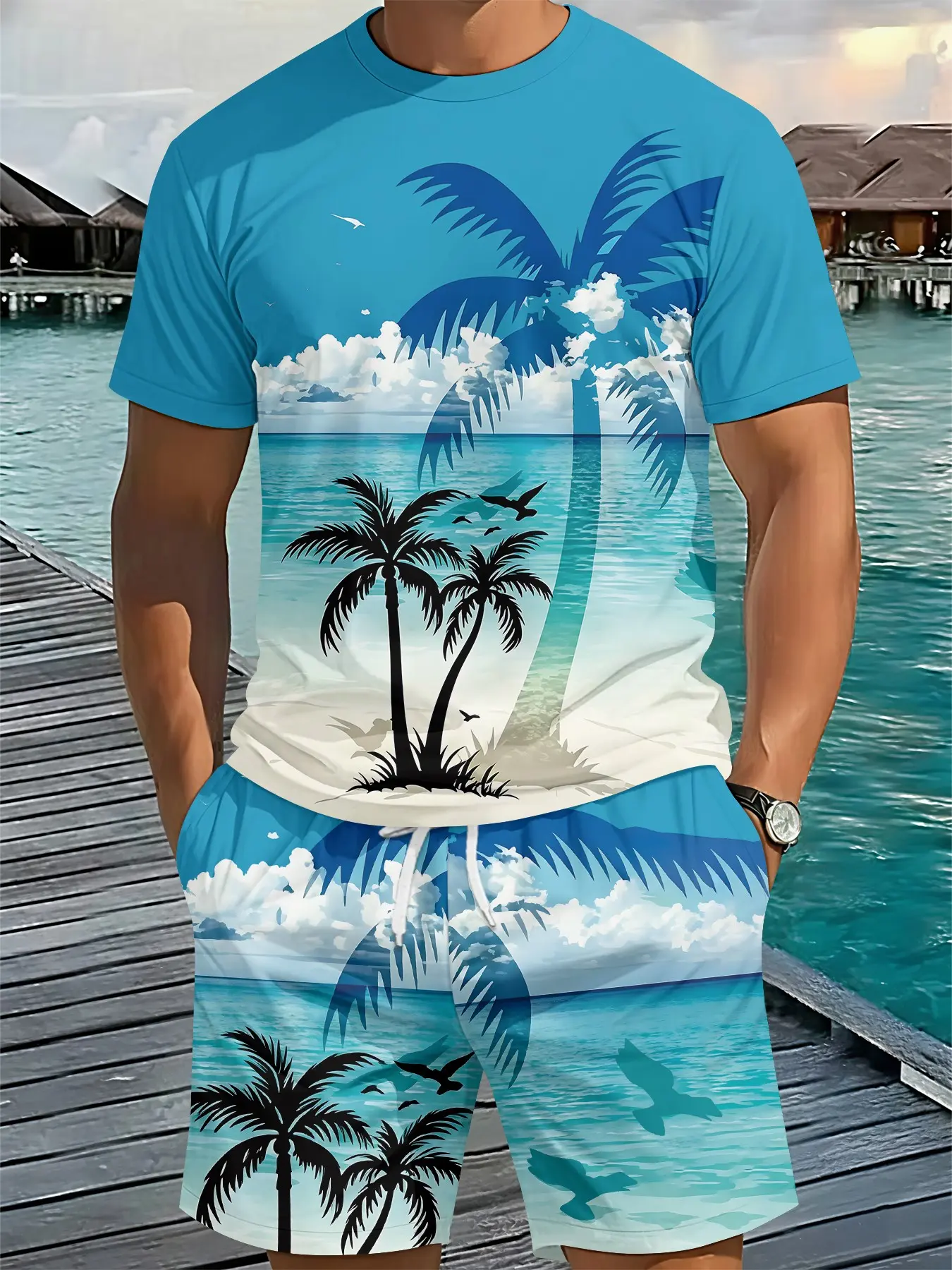 Men's 3D Digital Printed Tropical Coconut Tree Seaview Two-piece Set, Trendy Fashion Suit, Retro Casual Outfit, Round Neck, Resort Wear Set, Gigi Two Piece Set