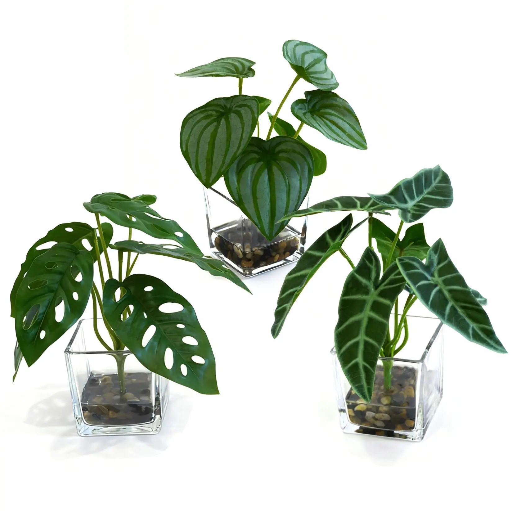 Set of 3 Mini Artificial Potted Plants – Realistic Exotic Greenery (Monstera, Alocasia, Watermelon Peperomia) – Faux Indoor Plants for Home, Office, Bathroom, or Shelf