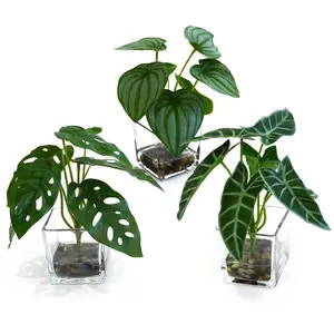 Set of 3 Mini Artificial Potted Plants – Realistic Exotic Greenery (Monstera, Alocasia, Watermelon Peperomia) – Faux Indoor Plants for Home, Office, Bathroom, or Shelf