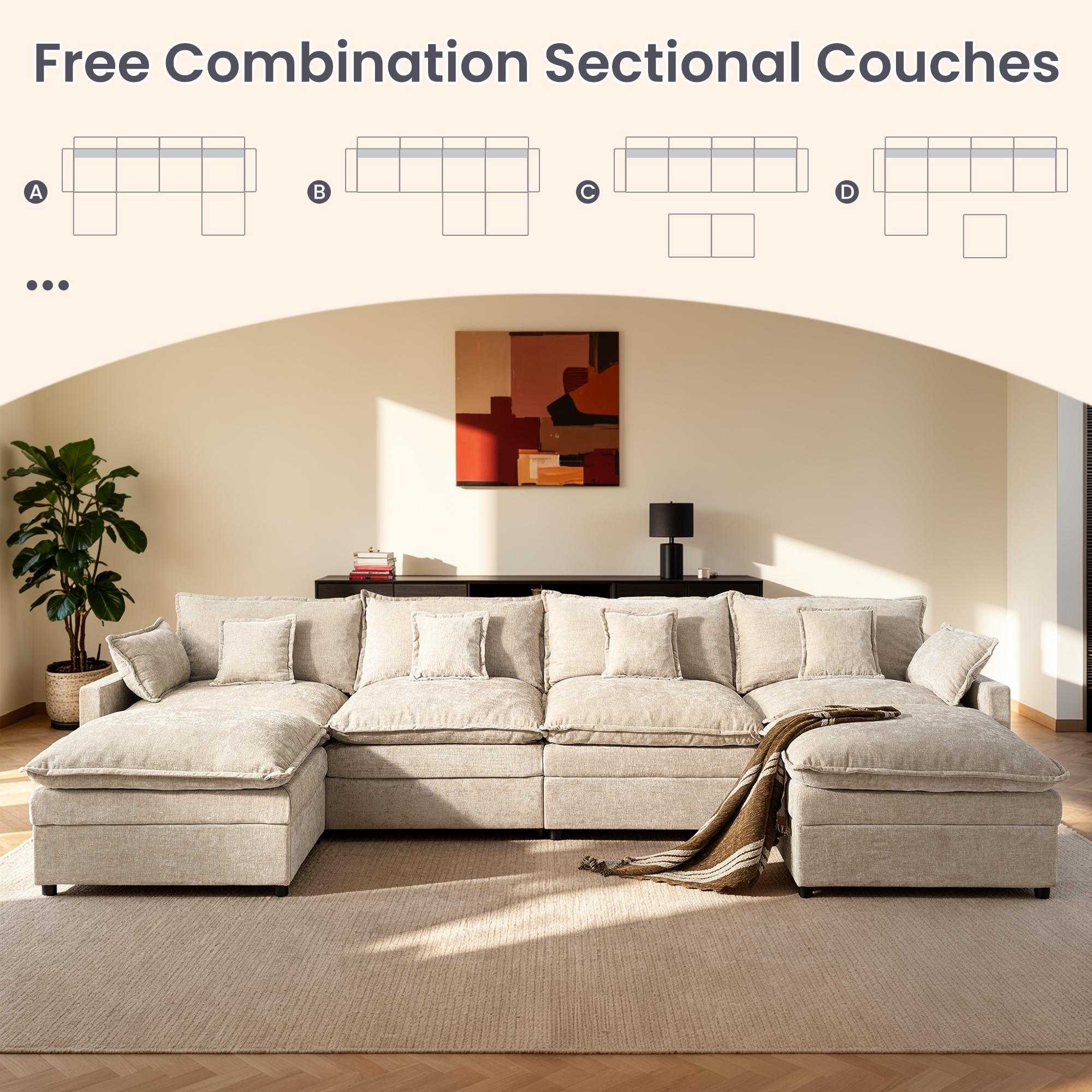 CAODOC 143" U-Shaped Modular Sectional Sofa with 2 Ottomans, Comfy Chenille Cloud Couch, Deep Seat Sofa Bed with Pillows for Living Room, Bedroom & Apartment【2/3 Packages Shipping】