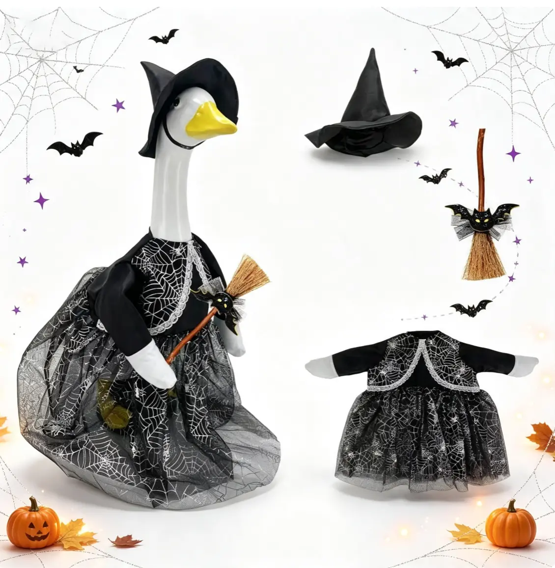 Spider Web Witch Porch Goose Outfit, Halloween Costume with Mini Bat Broom, Decor Clothing for 23" Lawn Goose Statue, Front Porch Seasonal Fall Decor