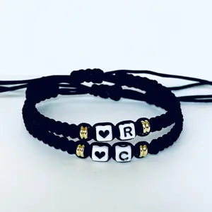 2 PC Black String Macrame Initial Heart Bracelets - A-Z Letters, Adjustable Sliding Knot, Fashionable Bracelet, Trendy & Aesthetic Jewelry, Outfit Accessories for Couples & BFFs Daily Wear