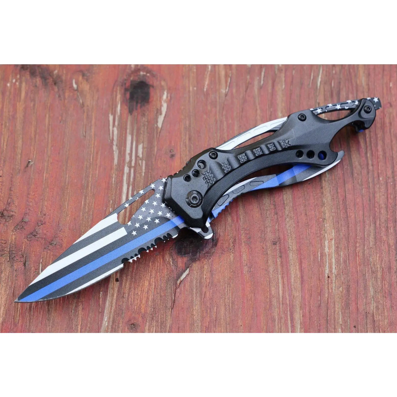Full Size Pocket Knife Spring Assist Police Back The Blue Thin Blue Line Us Flag