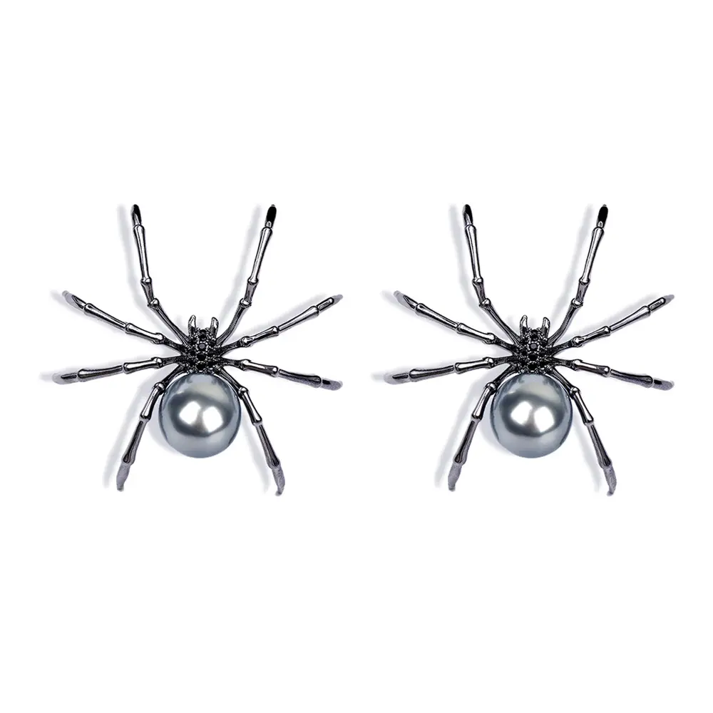 1 Pair Oversized Black Spider Ear Crawler Earrings for Women, Pearl-Look Drop Gothic Statement Earrings, Pierced Halloween Party Jewelry