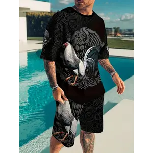 2pcs Rooster 3D Digital Print Men's Summer Leisure Outfit Set, Men's Short Sleeve Crew Neck T-shirt & Shorts Set Clothes Fabric