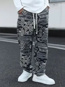 Aztec Geometric Tapestry Pants, Vintage Ethnic Wide Leg Trousers, Boho Drawstring Casual Joggers, Unisex Streetwear