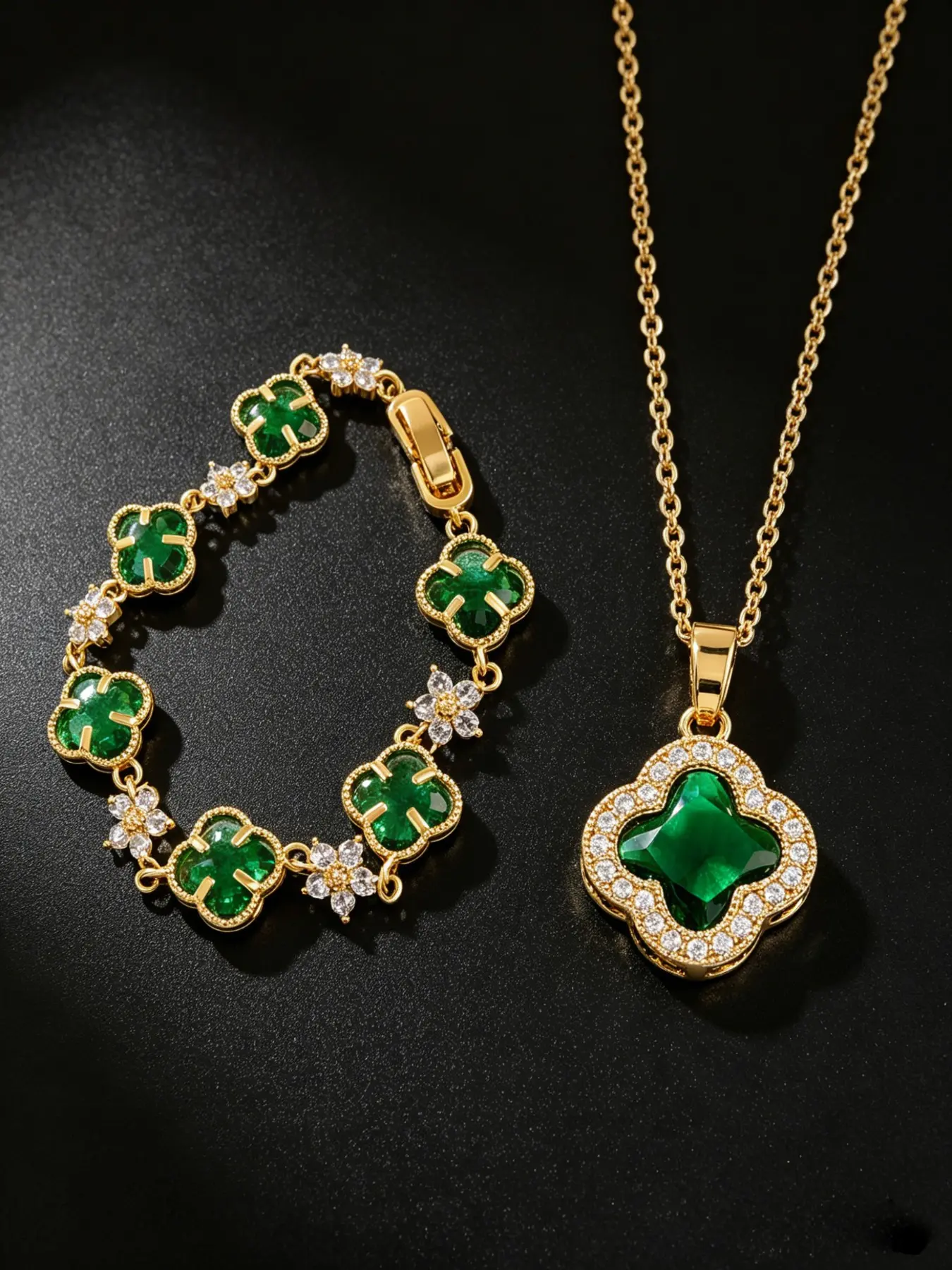 Women 2PCS Clover Jewelry Set, 18K Gold Tone Plated, Inlaid Imitation Ruby Red Cubic Zirconia, Pendant Necklace & Charm Bracelet, Elegant Accessories For Daily Party Wedding