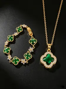 Women 2PCS Clover Jewelry Set, 18K Gold Tone Plated, Inlaid Imitation Ruby Red Cubic Zirconia, Pendant Necklace & Charm Bracelet, Elegant Accessories For Daily Party Wedding