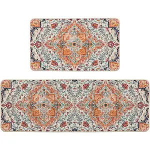 Orange  Bohemia Kitchen Mats Set of 2, Daily Boho  Decor Low-Profile Kitchen Rugs for Floor - 17x29 and 17x47 Inch