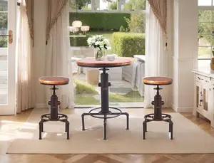 3 Piece Pub bar Set Vintage Industrial Round bar Table and Stools for 2, Height Adjustable Pub Table and stools Match bar Height and Counter Stool Red Bronze(1 Table + 2 Chairs) wood diningtable chairs furniture