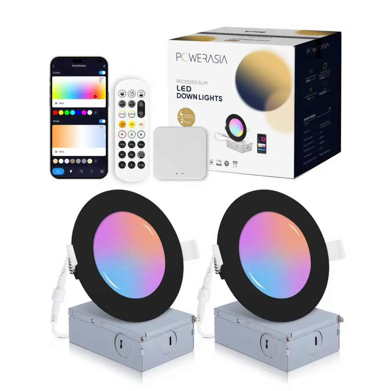 POWERASIA 2-Pack 4 in Smart RGB Recessed Ceiling Downlight, Aluminum Body, RGB App Control, Dimmable, Bathroom Safe Colorful Recessed Lighting with Junction Box & Easy Installation