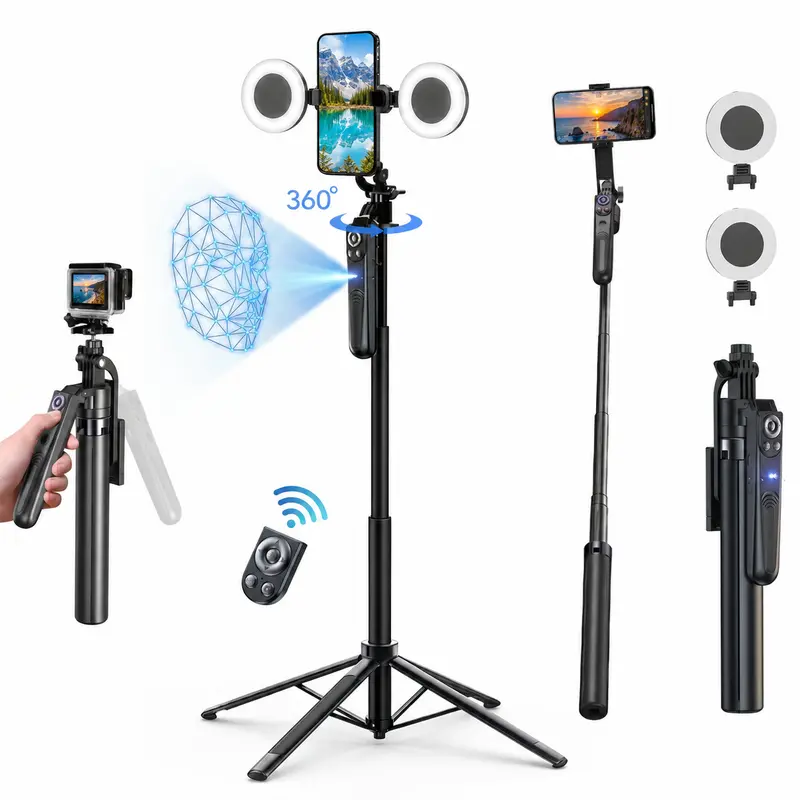 Smart AI Auto Face Tracking Aluminium Alloy Tripod - Smartphone/Mobile Camera Rotating Stand, Vlogging Equipment Kit with Light, Detachable 360-Degree Rotating Handheld Selfie Stick, Remote, Tripod Ring for Content Creators