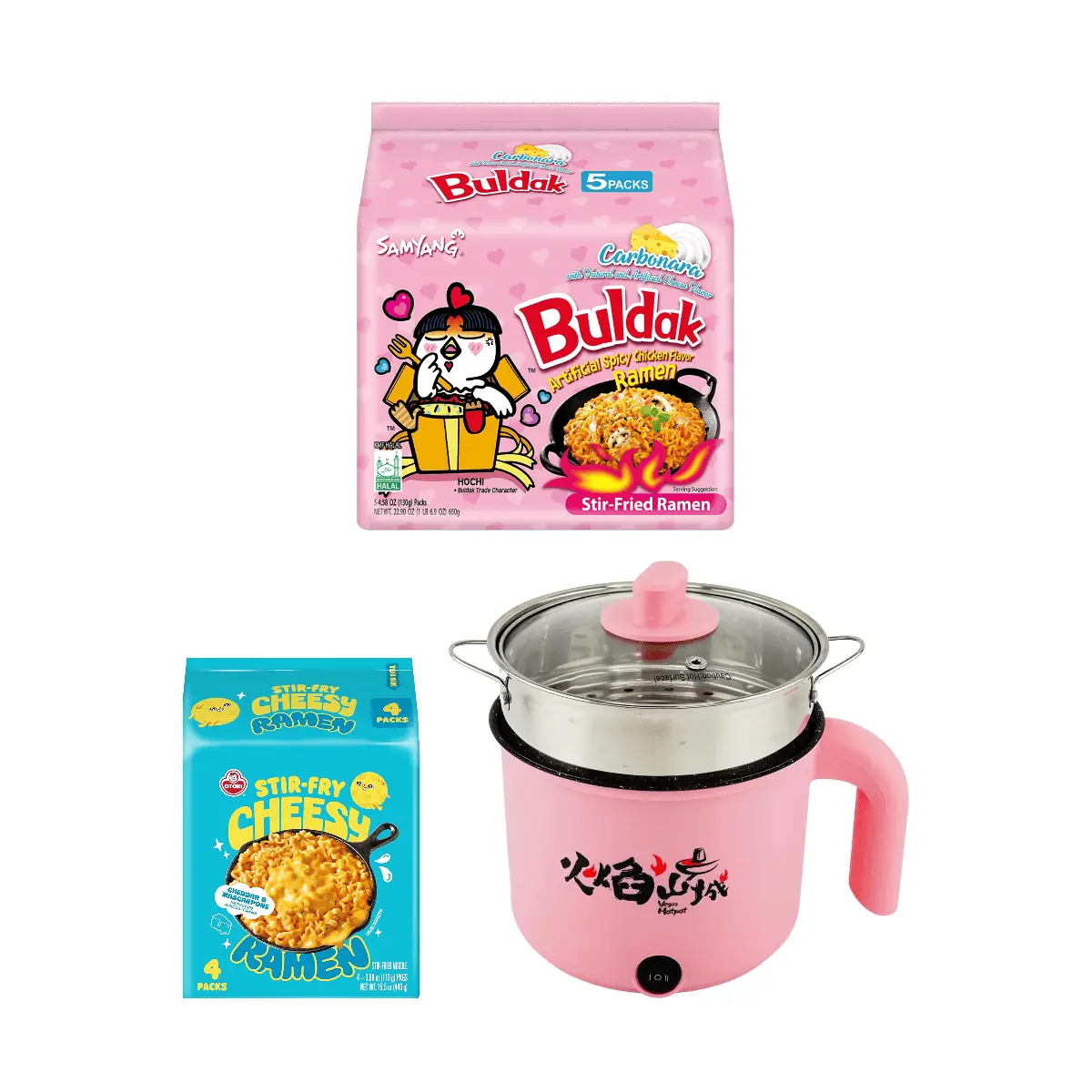 Samyang Creamy Cheese Buldak Ramen 130g + Ottogi Cheddar Cheese Jjajangmyeon 110g + Portable Electric Hot Pot with Steamer - 3-Piece Korean Noodle & Cooking Set