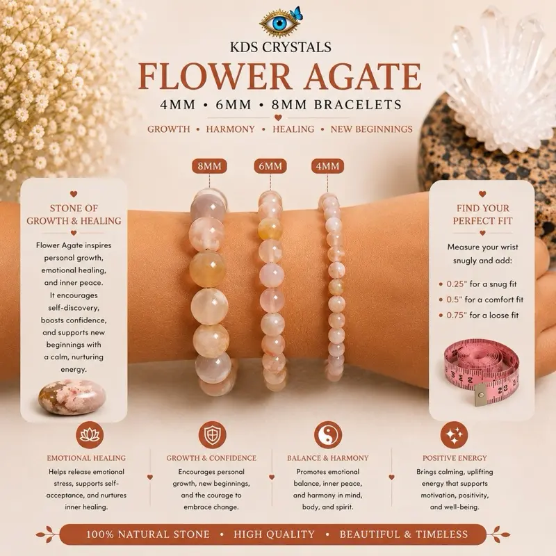 Flower Agate Bracelet, Genuine Flower Agate Crystal Bracelet, 4mm 6mm 8mm Beaded Bracelet, Healing Crystal Jewelry Gift