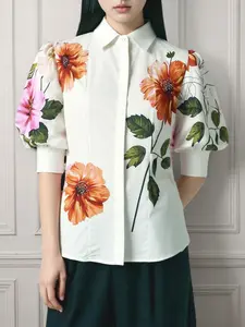 Elegant Floral Print Bubble Sleeve Collar Women's Shirt Blouse, Stylish Ladies Top for Spring & Fall, Perfect for Casual Wear