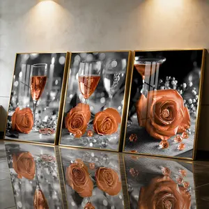 3Pcs Aluminum Alloy Framed Painting, Orange Rose And Wine Glass Picture, Home Decoration For Living Room, Bedroom, Office, Restaurant, Hallway Wall Decor, Odorless Print Artwork, Luxury Perfect Gift For Friends And Family