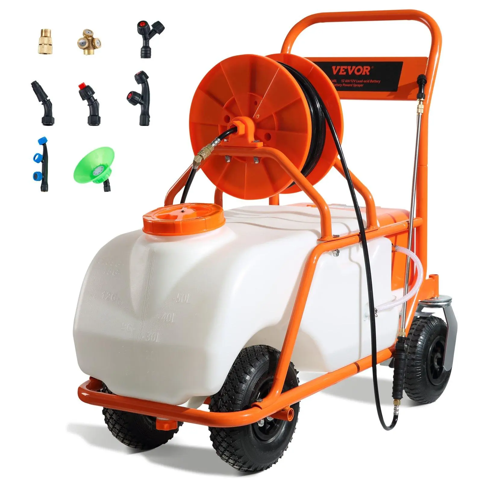 【SummerFinds】VEVOR Battery Powered Lawn Sprayer on Wheel, 0-90 PSI Adjustable Pressure, 15 Gallon Tank, Cart Sprayer with 8 Nozzles and 2 Wands, 12V 12Ah Battery, Wide Mouth Lid for Weeding, Spraying