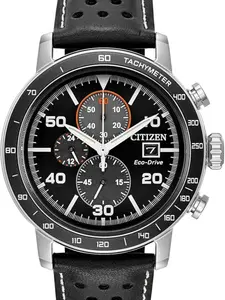 Citizen Men's Eco-Drive Weekender Brycen Chronograph Watch Stainless Steel Case Black Leather Strap Tachymeter Dial Eco-Drive Technology