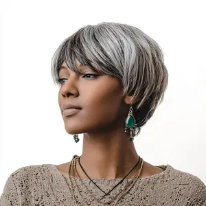 Pixie Wigs For Black Women Grey Wig Gray Wigs For Women Short Cut Wigs For Black Women Salt And Pepper Wigs For Women Short Hairstyle For Older Women(Grey And Brown)