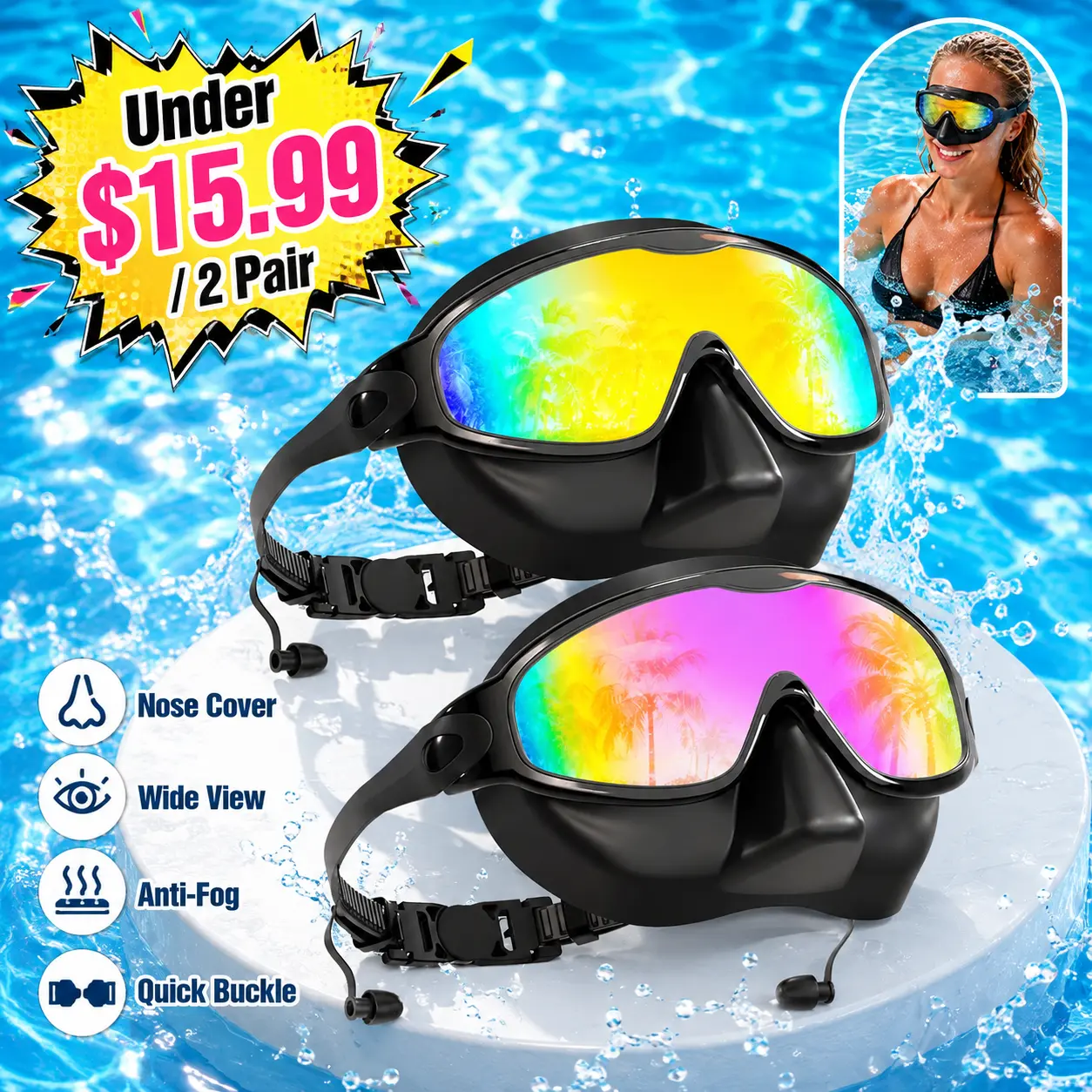 Aegend Silicone Leak Proof Adjustable Swimming Goggles for Adults, 2-Pack with Nose Cover, Wide View, Anti-Fog, UV-Protective for Men & Women, Leak Proof Goggles, 100% Silicone Swimming Goggles tiktokshopbacktoschool