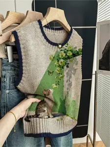 1 Piece Women's Sleeveless Knitwear Top, Knit Vest Tops, Womenswear Spring Summer Casual Style, Loose Crew Neck with Dark Blue Trim, Contrast Cat Patchwork Floral Print, Suitable for Daily & Outdoor Wear, Matchable with Vest, Knitting