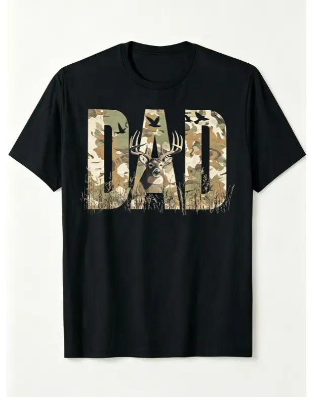 Men's Camo "DAD" Deer Hunting Father's Day T-Shirt Black Crewneck