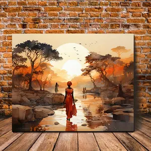 1pc Wooden Framed Canvas Painting - African American Journey Wall Art, Serene Landscape with Figures & Warm Sunset Hues, Ready to Hang Home Decor for Living Room & Bedroom, Living Room Decor | Serene Landscape Painting | Intricate Details Painting