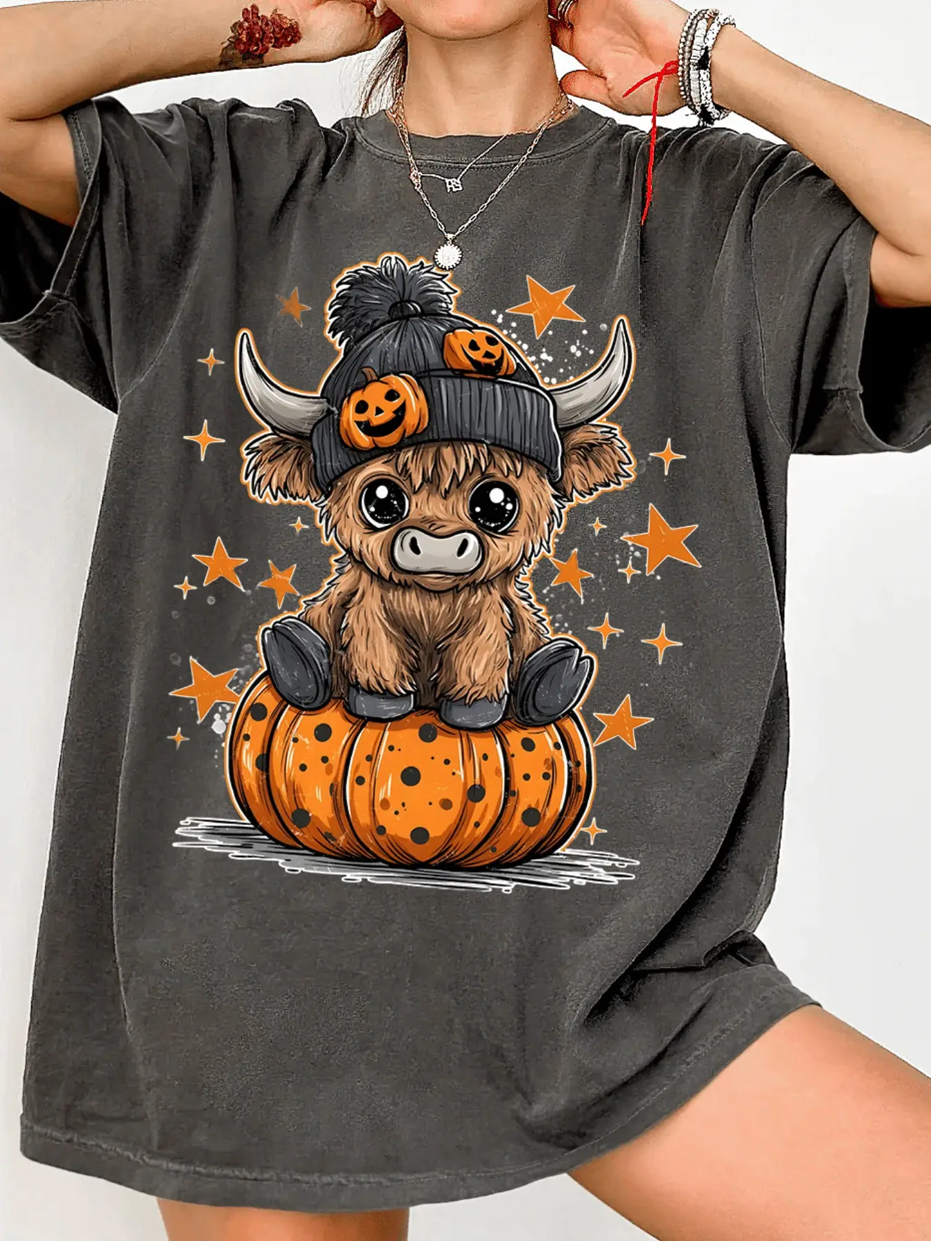 Cute Halloween Cute Cartoon Cow Knit Fabric Shirt Pumpkin Women's Summer Casual Fitted Everyday Shirt Weird T-shirt, Comfortable Farm Animal Pumpkin Tops