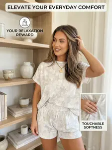 Women's Summer 2 Piece Outfits Casual Short Sleeve T-Shirt and High Waisted Shorts Set Floral Woodland Camo Loungewear Tracksuit with Pockets