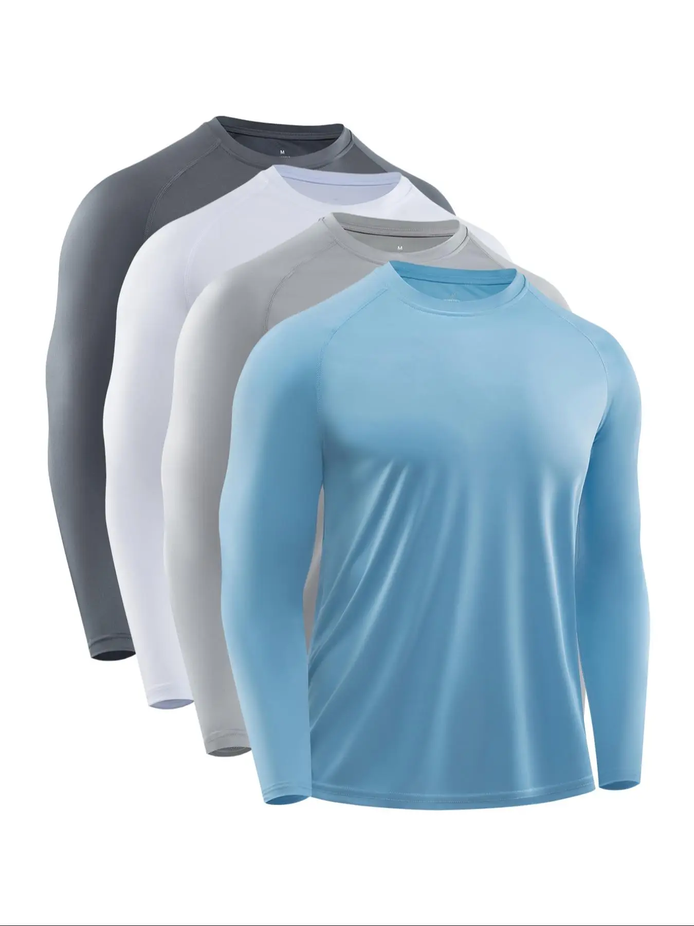 Men's 4pcs Solid Round Neck Sports Tee, Breathable Quick Drying Lightweight Long Sleeve T-shirt, Casual Sporty Top for Outdoor Running Gym