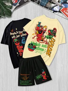 Three-Piece Set Men's Cartoon Letter Graphic Print Set, Regular Fit Round Neck Drop Shoulder Tee & Drawstring Waist Pocket Shorts Set, Casual Fashion Mens Clothes Set