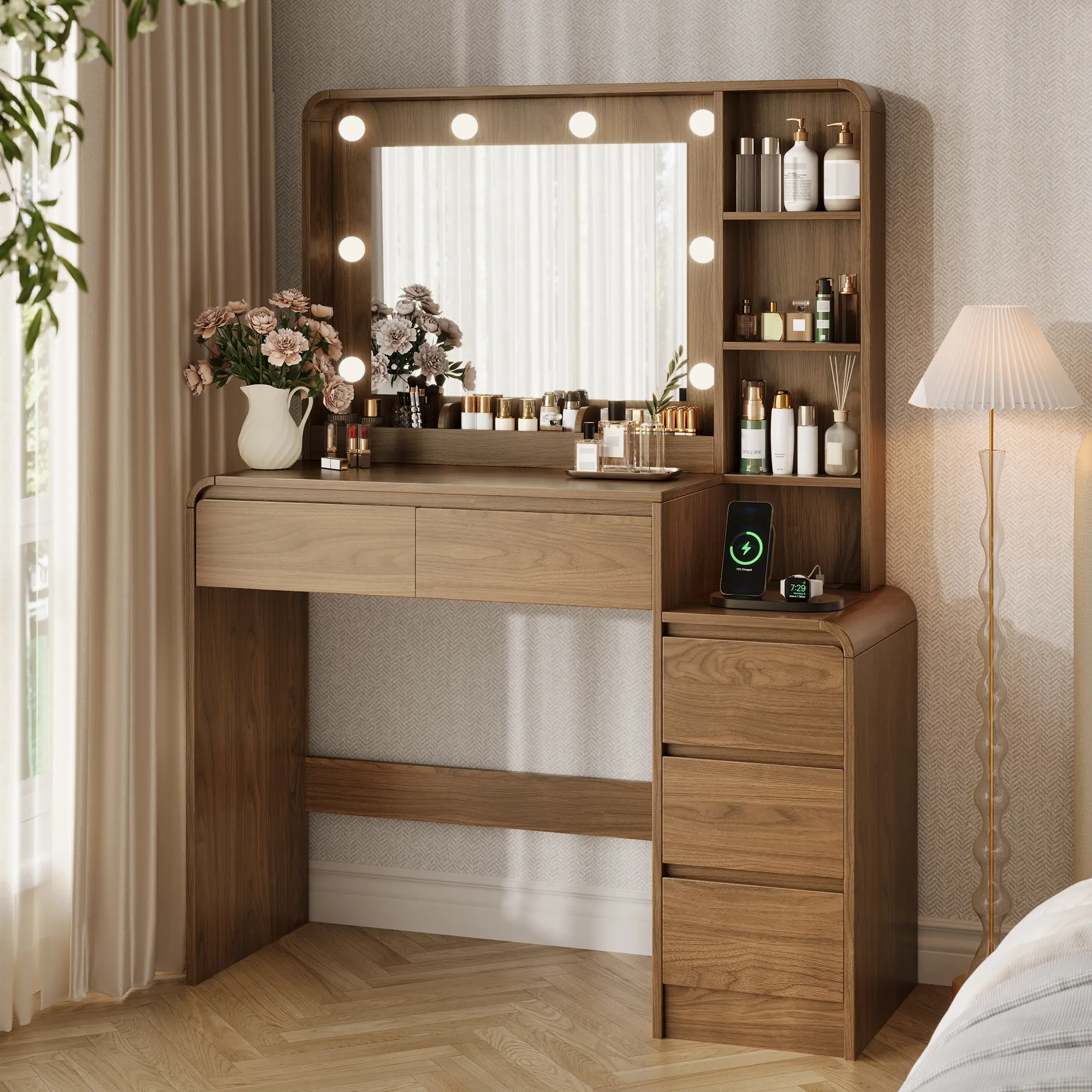 TOKSOM Modern Freestanding Makeup Vanity Desk - 35.4" Tabletop, 19.2" Bright LED Built-In Lights Elegant Mirror, 5 Drawers, 6 Open Shelves, Charging Station for Women - Bedroom Indoor Furniture Vanities, Built-In Lights Makeup Vanities