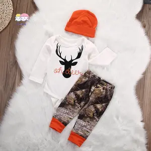 Three Piece Newborn Baby’s Clothes Cartoon Antlers Long Sleeve Jumpsuit Personality Print Long Pants with Hat
