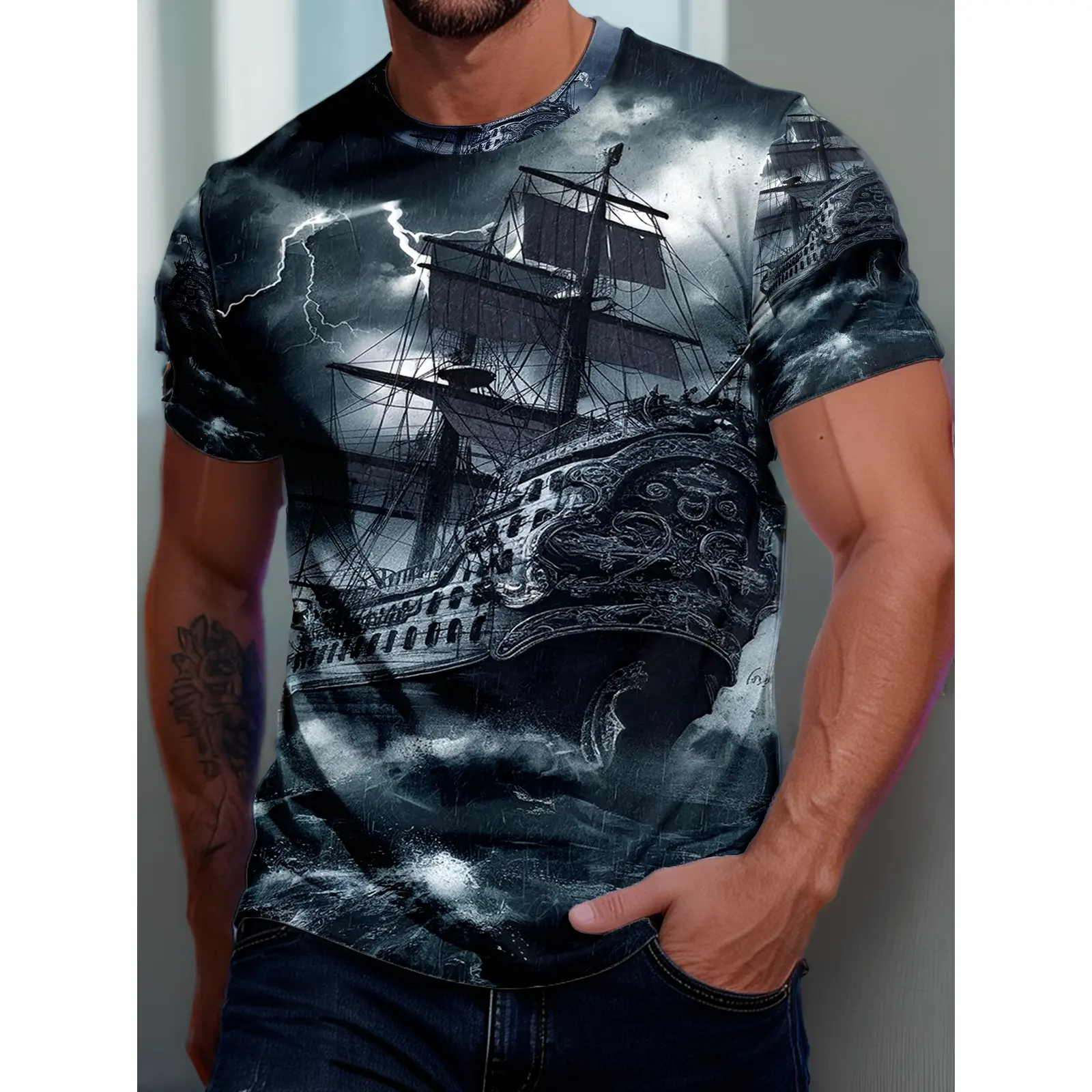 1pc Nautical Sailing Ship And Stormy Sea Graphic T-Shirt - Short Sleeve Round Neck Casual Beachwear with Pirate Ship, Summer Adventure Outfit, Style for (A-Line Fit), Plus Size