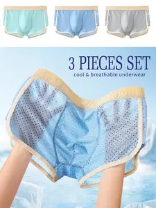 3-Pack Men's Ice Silk Seamless Boxer Briefs, Casual Solid Color, Breathable Elastic, All-Season Sporty Underwear, Multi-Style Bottoms