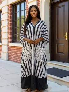 Popular Boubou Kaftan African Nigeria contrasting striped lace pocket design V-neck loose bat sleeves design vacation long skirt temperament versatile daily home casual plus size long skirt with multiple colors optional scarf Dress Aesthetic