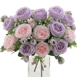 4-piece artificial peony bouquet - artificial blooming peonies with green leaves, suitable for weddings, Mother's Day, Valentine's Day, spring decoration - indoor and outdoor plastic flowers, without vase