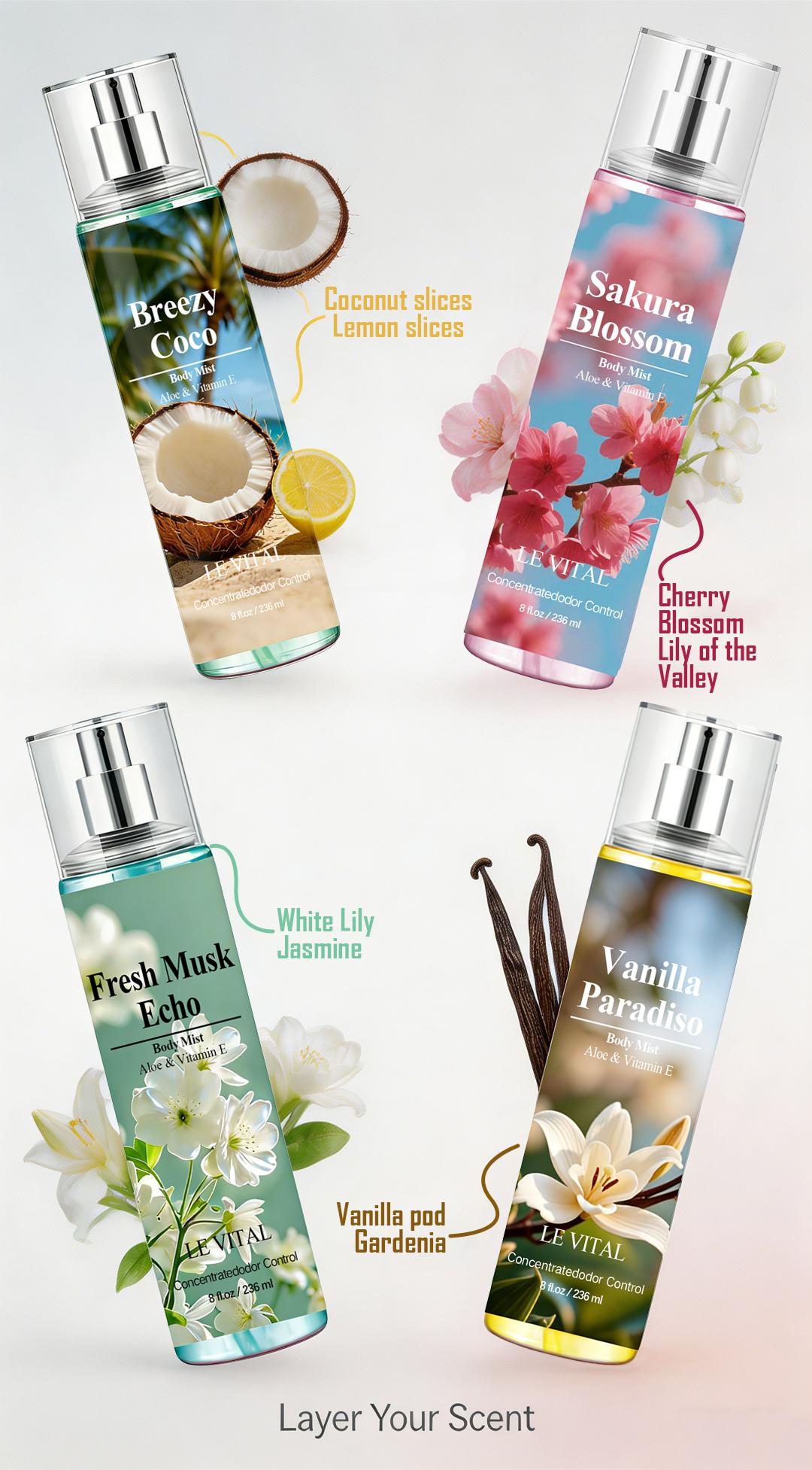 Le vital Sakura Scent Body Mist for Women | 2.5 fl oz / 75ml | Crafted for Special Occasions, This Soft and Captivating Scent Is a Must-Have for Dates and Parties